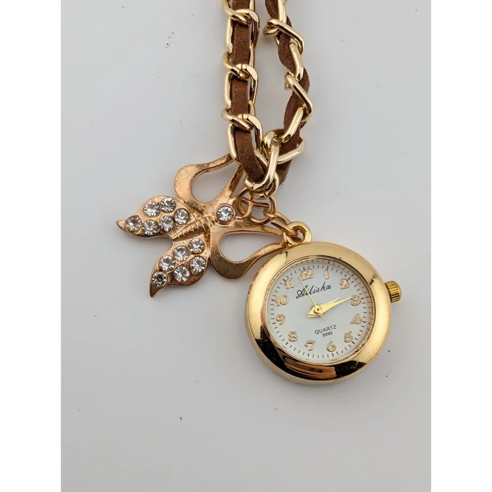 Ailisha Pendant Watch w/ Butterfly Charm 23mm Case Brown/Gold- New Battery